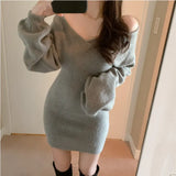 Yipinpay De Mujer Sexy V Neck Black Wrap Hip Off The Shoulder Sweater Dress Mini Wild Casual Grey Women Knit Dress Bodycon 2023
