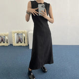 Yipinpay Neck Back Lace Up Ruffle Open Back Sleeveless Dress Women Casual Vestidos Mujer Black White Vest Minimalism Summer Dress