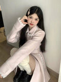 Yipinpay Hot Girl Pink Medium Length Woolen Coat for Women's Autumn and Winter Slim Fit Lace-up Woolen Coat Fashion Female Clothes