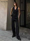 Yipinpay Office 2 Pieces Button Cotton Pants Suits Blazers Vest Wide Leg Trousers Women Linen Outfits Summer Pants Two Pieces