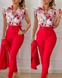 Yipinpay Women Two Piece Set Suits New Fashion Printed Ruffle Sleeve Top Solid Color Pants Set With Belt Blouses Female Clothing