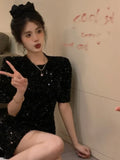 Yipinpay Spring Vestido Feminino Mini French Black Short Sleeved Velvet Sequin Dress Women Party Sexy Bodycon High Slim New