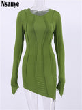 yipinpay Casual Long Sleeve Sexy Club Striped Basic BodyconY2K Women Dresses Winter 2023 Evening Party Fashion Dress Green Ladies
