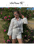 Yipinpay Patchwork Cotton Linen Shorts Sets Womens 2 Pieces Fashion Lantern Sleeve Blouses Vacation Outfits Hot Short Suits