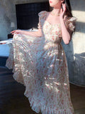 Yipinpay French Elegant Floral Midi Dress Beach Vintage Puff Sleeve Dress Women Party One Piece Dress Korean Fashion Summer 2023