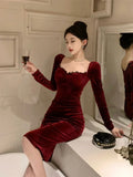 Yipinpay Autumn Winter Dresses Women Elegant Sexy Square Collar Slim Long Sleeve Vintage Velvet Dress Female French Style Chic