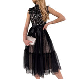 Yipinpay Lace Midi Dresses for Women 2023 Chic and Elegant Luxury Formal Sleeveless Evening Party Dress Sexy See Through Club Wear
