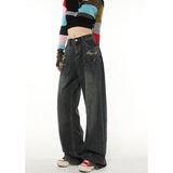 yipinpay Black Women Jeans Ripped American Fashion High Waist Streetwear Style Wide Leg Jean Trouser Female Baggy Denim Pants