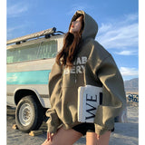yipinpay Women Green Hoodie Letter Print Drawstring Sweatshirt  Korean Fashion Hip Hop Leisure Fleece Thicken Winter New Tops Pullover
