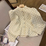 Yipinpay Two Piece Sets Women Stand Collar Crop Top Jacquard Diamond Plaid Shirt Embroidered Skirt Vintage A Line Y2k Korean