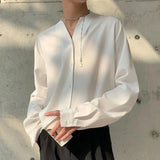 Yipinpay Autumn Men Shirt Casual Loose Long Sleeve V-Neck Shirts Streetwear Vintage Fashion Blouses Office Daily Clothing