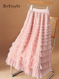 yipinpay Fashion Luxury Elegant Fairy Long Maxi Skirt Women Mesh Layers Pleated Korean Cupcake Skirts for Woman Faldas 96cm