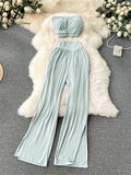 Yipinpay Korean Style Hotsweet Sets Sexy Strapless Short Tops+Basics High Waist Split Wide Leg Pants Fashion Casual Beach Suits