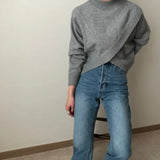 Yipinpay Mujer Half High Collar Cross Irregular Loose Long Sleeve Knitted Thickened Sweater Y2k Top Grey Grunge Sweaters Jumper
