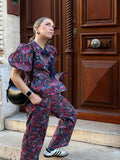 Yipinpay Flower Printing Long Pant Set Women Elegant O Neck Lace Up Short Sleeve Shirts Wide Leg Trousers Chic Lady 2 Pieces Sets