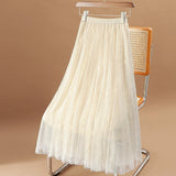 Yipinpay Women Skirt Mesh Floral Korean Fashion Fairy Pleated Midi Skirts Lining Black Casual Vintage Kawaii Long Tulle Faldas