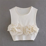 Yipinpay Flower Crop Top Women Off White Tank Top Female Sleeveless Summer Sexy Tops Woman Fashion Y2k Streetwear Going Out Tops
