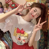 Yipinpay Casual Loose Bubble Cartoon Top Bow White Short Sleeved T-shirts Grunge Tshirt Graphic T Shirts Ropa Mujer Tees Y2k