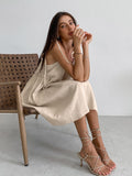 Yipinpay Cotton Linen Casual Dresses Lace Up Summer Vacation Spaghetti Strap Dress Oversize V-Neck Women Backless Dress 2023