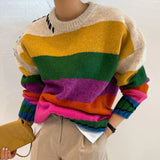 Yipinpay Vintage Contrast Oversized Sueter Fairy Grunge Pullover O Neck Rainbow Sweaters Winter Striped Knitting Sweater Women