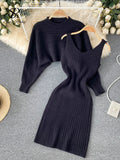 Yipinpay Autumn Knitted Dress Suits Women O Neck Long Sleeves Short Pullover+Strap Elastic Dress Korean Sweater Two Pieces Sets
