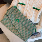 Yipinpay Twist Sweater Single Breasted Knitted Cardigan Coat Lapel + Wide Leg Green Checkerboard Pants Sweatpants 2sets