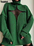 yipinpay Y2K Pullover Knitted Oversized Jumper Tops Hollow Out Patchwork Long Sleeve Turtleneck Winter 2023 Sweater Casual Tops 0407