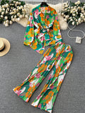 Yipinpay Autumn Print Suits Single Breasted Cardigan Bow Irregular Blouse+Pleated Wide Leg Long Pants Women Senior Vintage Sets