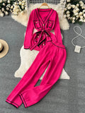 Yipinpay Fashion Sweater Two Pieces Sets Ladies Long Sleeve Knit Cardigan+Wide Leg Long Pant Sets Women OL Loose Knitted Suits