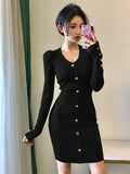 Yipinpay Women Dresses 2023 Lady Fashion Sexy V Long Sleeve Single-breasted Women Knitted Dress Bodycon Knee Wild Vestido Mujer Robe