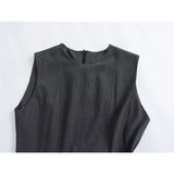 Yipinpay Spring 2024 Women Dark Gray Sleeveless Dress O Neck A-line Pleats Sexy Elegant Ladies Long Dresses