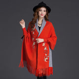 Yipinpay Winter Can Wear Shawl Scarf Dual-use Embroidery With Sleeves Wool Cashmere Thick Tassel Cloak Female