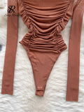 Yipinpay Autumn Mesh Basic Top 2024 Women Turtleneck Long Sleeve Ruched Open Crotch Slim Playsuits Fashion Sheer Sexy Bodysuits