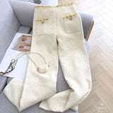 Yipinpay Leg Pants Women Apricot Casual Pants Spring Design Niche Retro High Waisted Slim Woolen Pants Pantalones Black Tweed