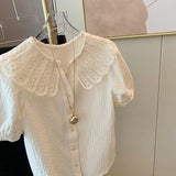 Yipinpay Short Sleeve Camisa Embroidery Floral Top Blusas Mujer White Lace Shirt Chic Blouse 2023 Shirts for Women Doll Collar