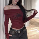 Yipinpay Print Grunge T Shirt Women Long Sleeve Off Shoulder Y2k Vintage Tops Streetwear Korean Style Crop Top Autumn Winter