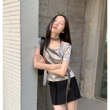 yipinpay Shirt For Women Silvery Short Sleeve Solid Personalized Trend Chic Vintage Fashion Summer 2023 Clothing Versatile Y2K Tops