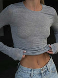 yipinpay T-Shirts Long Sleeve Top Women Gray Tees Solid Basic Black T-Shirts O Neck Crop Top Skinny Streetwear Y2K Clothes