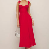 Yipinpay French Style Red Sexy Slim Bow Shoulder Sling Dress Women A-line Midi Summer Holiday Party Dresses Chiffon Robe