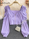 yipinpay Sexy Zipper Crop Tops Female Ruched Casual Vintage Long Sleeve Blusas Women Korean Elegant Camisas Club Short Shirt