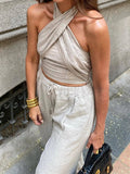 Yipinpay New Fashion Women Sexy Backless Linen Halter Top Summer Crop Top