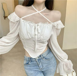 Yipinpay Sleeve Ruffled Chiffon Shirt Off The Shoulder One Slim Fit Crop Top Sexy Trumpet Sleeve Shirt Fungus Lace Up Blouse Retro
