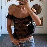 Yipinpay Women's Y2K Vintage Summer Retro Slim Fitted Crop Tops Short Sleeve Off Shoulder Lace Floral Ruffled Backless T-shirt