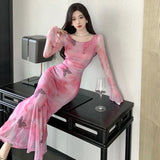 Yipinpay Elegant Dresses Women Butterfly Printed Mesh Patchwork French Style Slim Sexy Dress Flare Long Sleeve Vintage Ladies