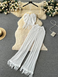 Yipinpay Summer Knitted Beach Two Pieces Sets Women Halter Backless Camis+Wide Legs Long Pants Tassel Hollow Out Bohe Suits