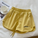 Yipinpay Women Summer Short Pants Embroidery Letters Drawstrings Elastic Waistband High Waist Shorts Ladies Short Tight Trousers
