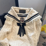 Yipinpay Academy Style JK Navy Neck Bow Sweater Women Top Autumn Winter Vintage Gentle Thickened Knit Pullover Coat Women Clothing