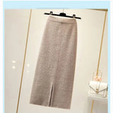 Yipinpay velvet skirt female autumn and winter mid-length knitted one-step skirt split straight winter skirt casual solid long skirt