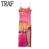 Yipinpay Printed Slip Dress Woman Mesh Long Dress Women Tulle Backless Midi Summer Dresses For Women 2023 Beach Sexy Party Dress