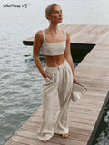 Yipinpay Cotton Linen Women Summer Outfit Sleeveless Crop Top And Palazzo Pants 2 Piece Set Female Midriff Top Pants Suits